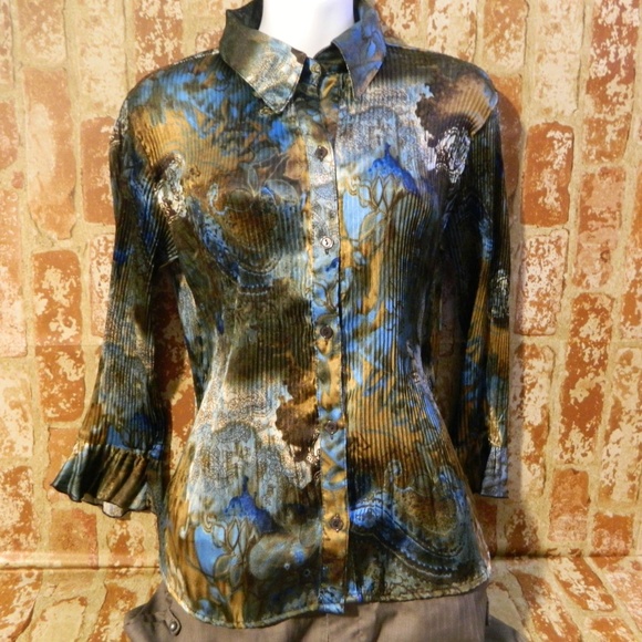 Serenade Tops - Brown Blue Black Satin Bell Long Sleeve Top M